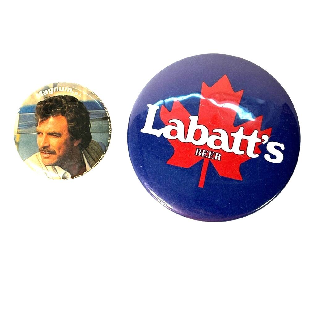 Vntg 80s Pins Pin Back Buttons Magnum PI and Labatt's Beer Pop Culture
